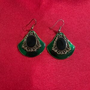 Green Enamel Drop Earrings with Black Accents - Women Jewelry